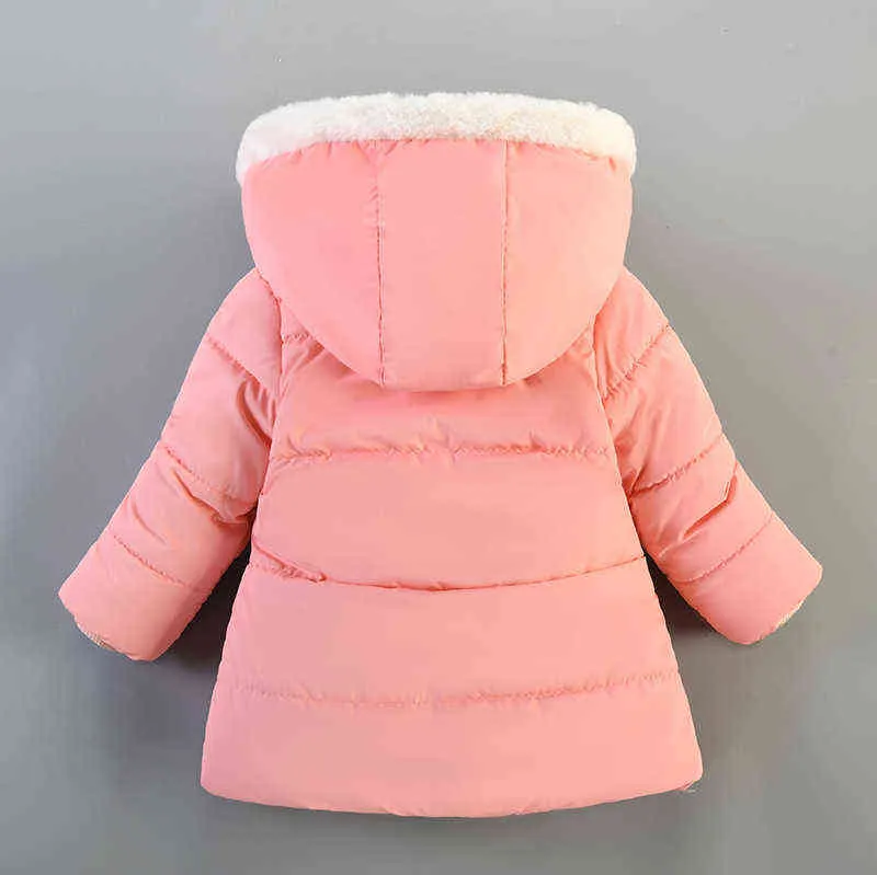 1-4 Years Old Cute Winter WarmToddler Baby Girls Jacket Cute Fur Collar Lining Plus Fleece Heavy Hooded Outerwear For Kids J220718