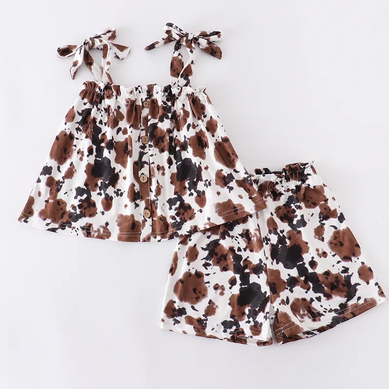 Girlymax Summer Baby Girls Children Clothes Strings Leopard Cow Floral Outfits Ruffles Boutique Kids Clothing 220620