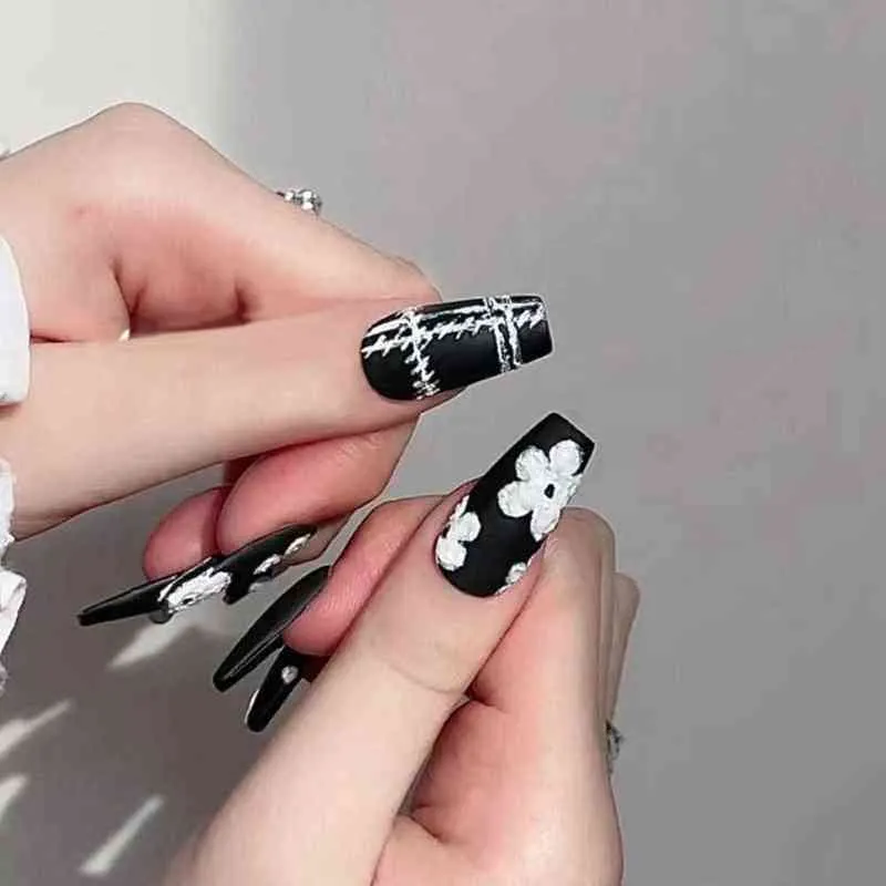 False Nails Black French Floral Pearl Art Butterfly Wearable Ballerina Fake Full Cover Tips Press on 0616