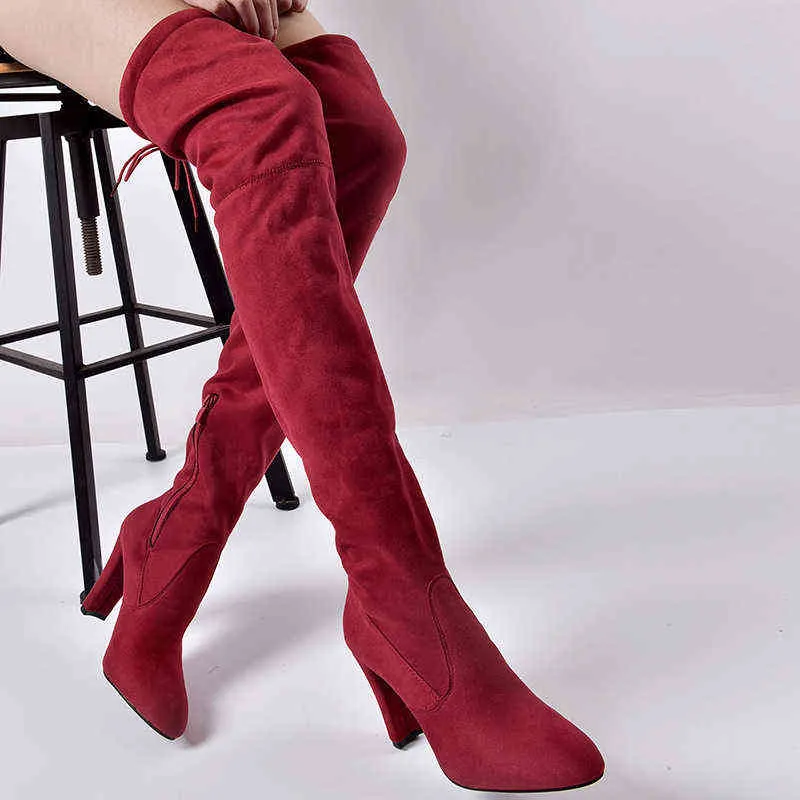 Women Boots 2022 Winter فوق أقمشة الركبة ذات الكعب العالي على الأحذية مدببة إصبع القدم امرأة طويلة الحجم 34 43 Feminino 0709