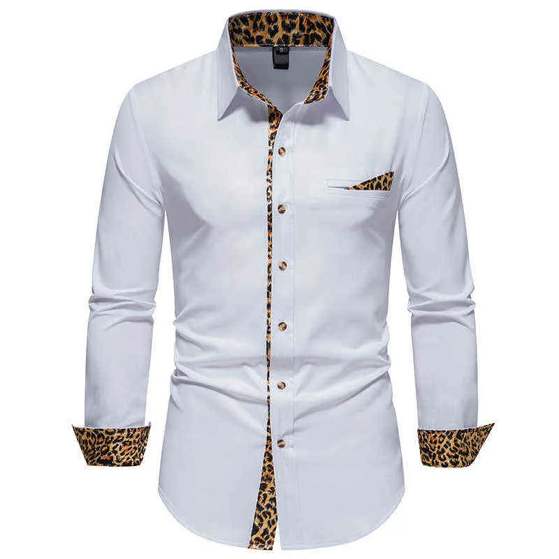 Mens Casual Long Sleeve Button Down Dress Shirts Topps 2022 Märke Patchwork Leopard Print Shirt Men Business Shirt Man L220704