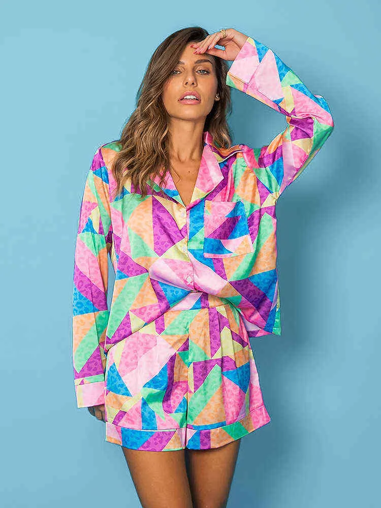 Hiloc Geometry Nightwear Color Block Patchwork Home Suit donna Set Pocket Full Sleeves Loungewear 2022 Fashion Set femminile L220803