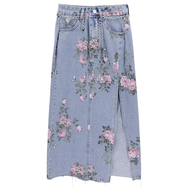 Streetwear Vintage Flowers Print Long Denim Skirts Summer High Waist Slim Sexy Open Split Straight Skirt Jeans Saias Female 220322