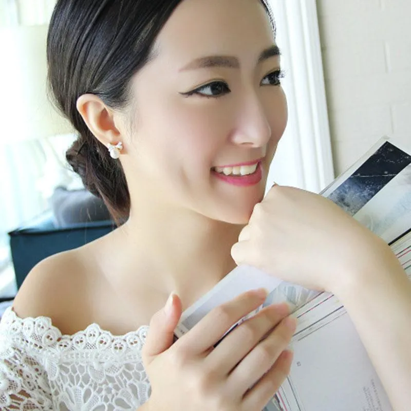 Przypnij śrubowy klips w stylu Korea na kolorze bez przebijania dla kobiet symulowany Pearl Charm Róż White Bowknot Kolczyki Clip-on2458