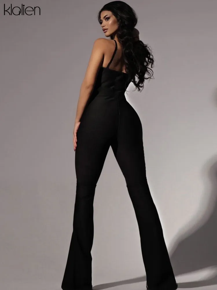 Klalien kvinnor jumpsuit mode casual office lady streetwear mesh lapptäcke smal sträckband romper solid svart y2k 220505