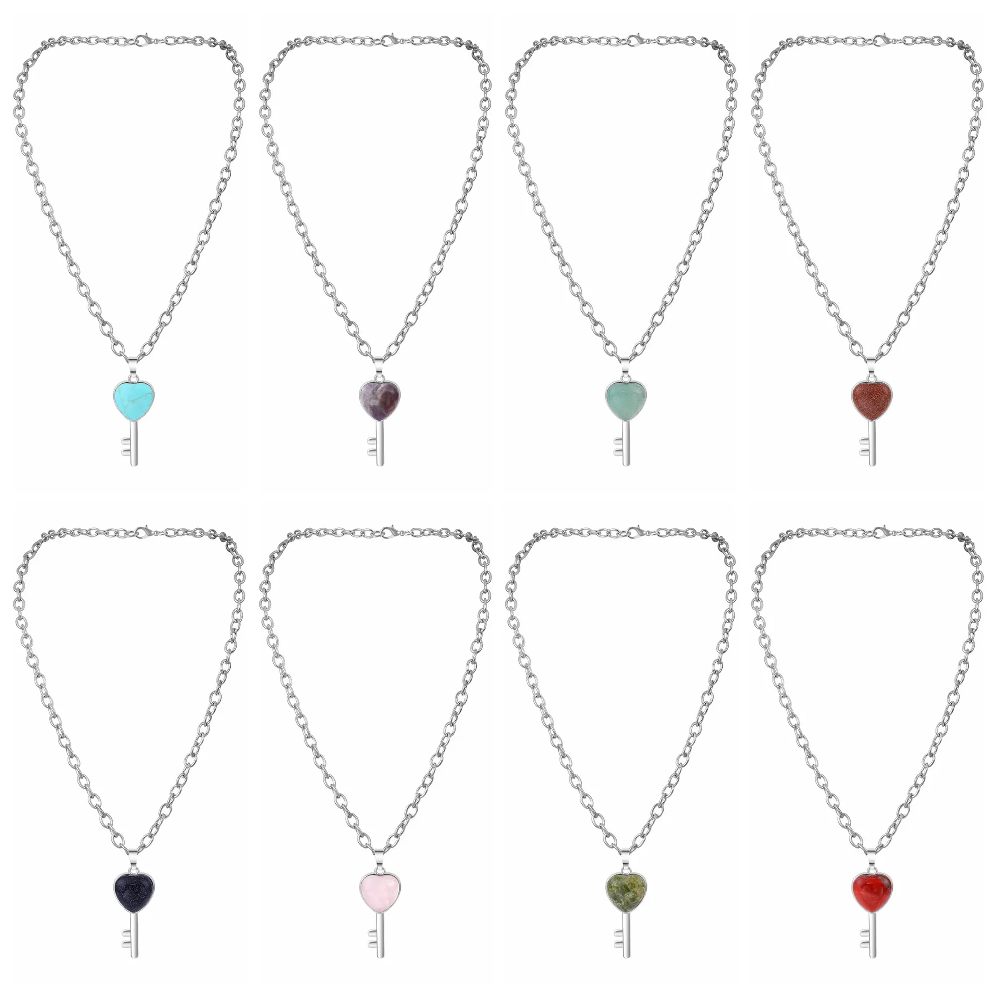 Naturstein-Schlüsselanhänger, Y-Halskette, klobige Punk-Silberkette, Choker, kubanischer Link, Statement-Schmuck für Frauen und Mädchen