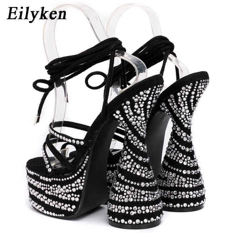 Sandaler Eilyken Crystal Chunky Heels Sandaler Mode Peep Toe Ankel Cross Lace-up Platform Kvinnor Stripper Skor 220316