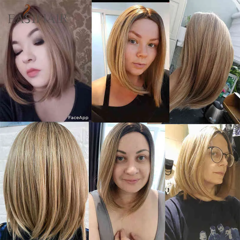 Easihair ombre marrom marrom misto loiro comprimento do ombro Bobo perucas sintéticas para mulheres Parte do calor reto peruca 2205525