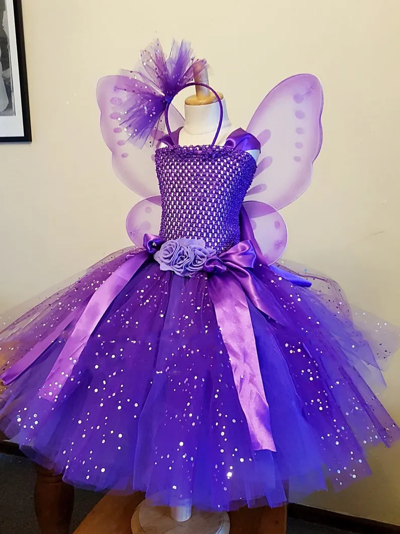 Mädchen Lila Schmetterling Blume Tutu Kleid Kinder Glitzer Tüll Ballkleid mit Flügel Kinder Geburtstag Party Kostüm es 220422