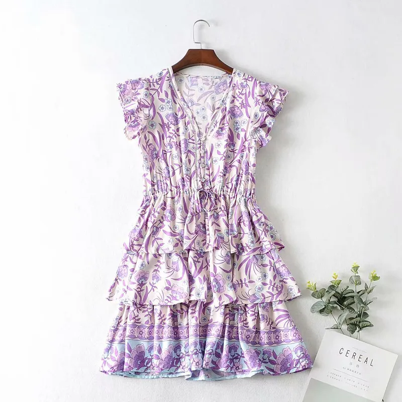 TEELYNN lila Minikleid für Frauen Böhmische Baumwolle Blumendruck Sommerkleider Strand Rüschen v nvek kurzes Boho-Kleid Vestidos 220531