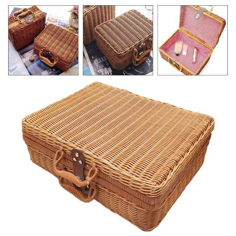 Rattan في الهواء الطلق سلة تخزين سلة حقيبة الأسلوب الريف مع مقبض Y220524