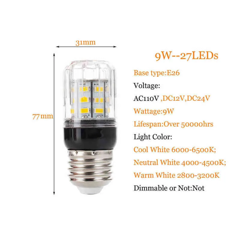 9W 27LEDs LED Ampoule de maïs E27 E14 E12 E26 Ampoule LED super lumineuse 5730 SMD LED Lustre de lumière de maïs DC 12V 24V Home Decor H220428