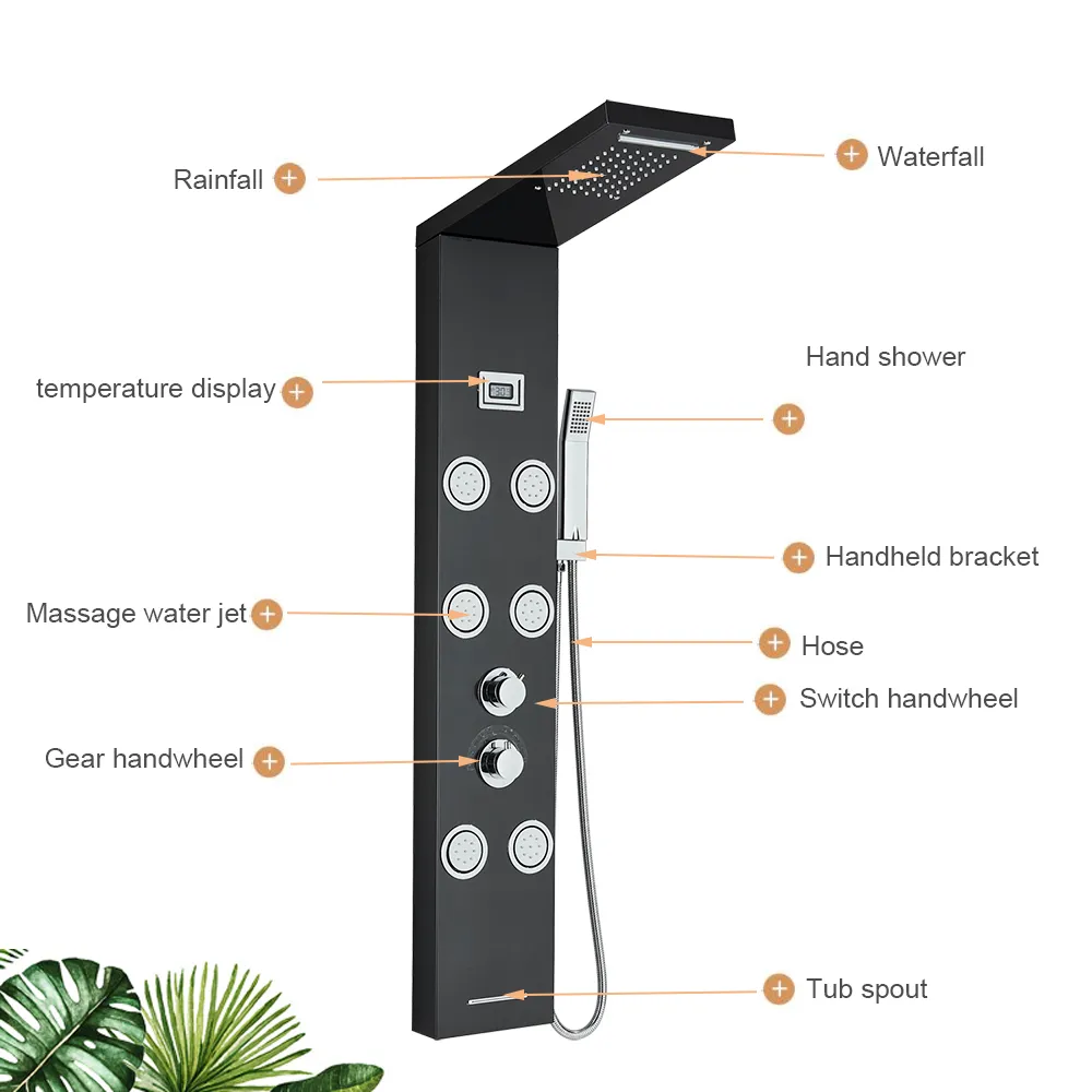 Nieuw zwart/geborstelde badkamer LED Douchepaneel Toren Systeem Wandgemonteerde mixer Tap Spa Massage Temperatuurscherm
