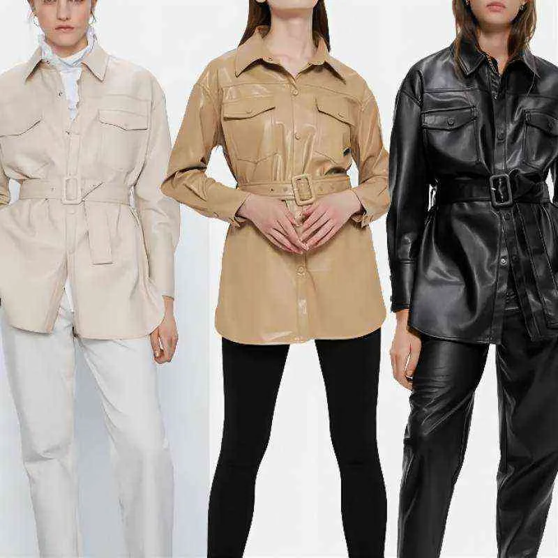ZA 2021 NOVO Design PU Couro Mulheres de inverno Sashes sólidos Casaco de qualidade feminina fora da jaqueta feminina plus size L220728