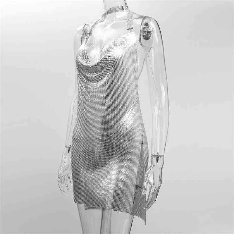 Seksi Kristal Mesh Sequins Gece Kulübü Elbise Kadınlar Ardsız Yarık Metal Kumaş Rhinestones Party Club Mini Elbiseler Lady T220816