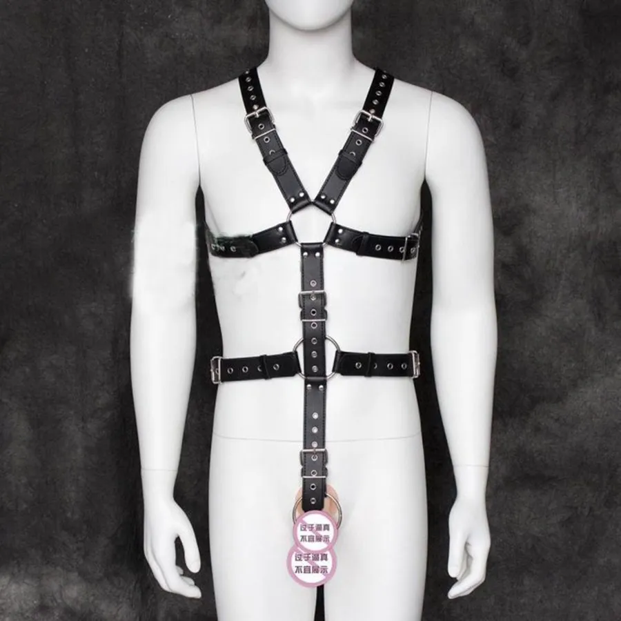 Ensemble de contraintes sexy en cuir PU pour homme avec anneau de pénis Phallus robe exotique masculine Gays jeu ceintures de Bondage du corps