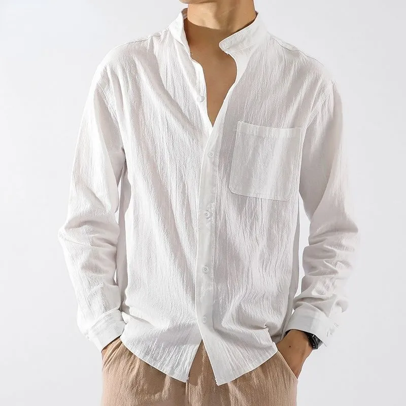 Camisas de linho de cor sólida dos homens ebaihui camisas de mangas compridas Casacos casuais de lapela com bolsos macho versátil blusa solta top