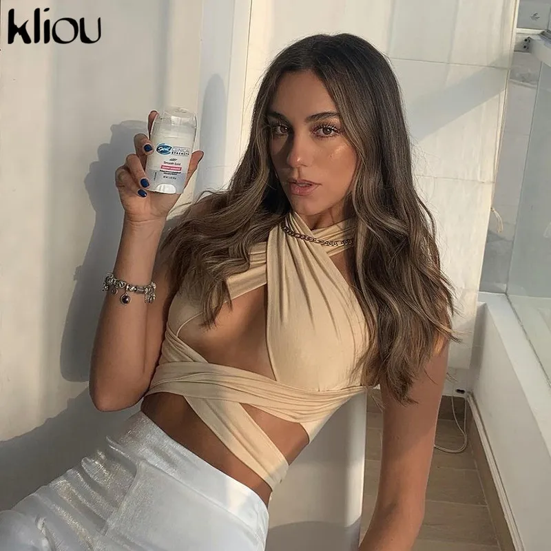 Kliou Solide Halter Crop Tops Femmes Bandage Trou Sexy Dos Nu Réservoirs Gilet Skinny Party Clubwear Femme Outwear Tenues D'été 220318