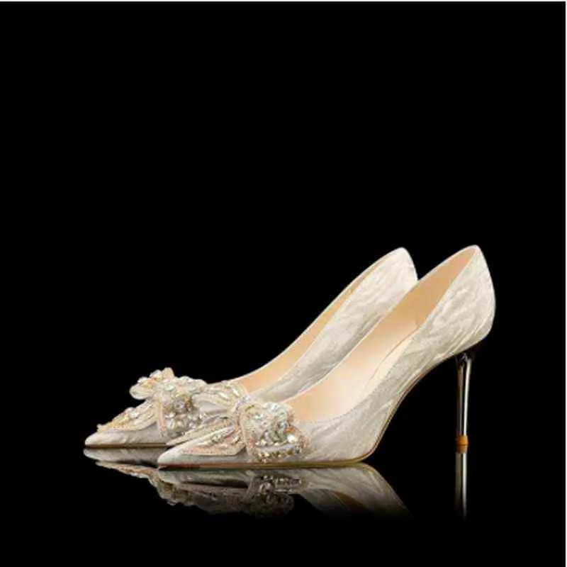 Shoes Bride Main Wedding Dress Shoes Women Stiletto 2022 New High Heels Golden Shiny Square Buckle Princess Shoes G220527