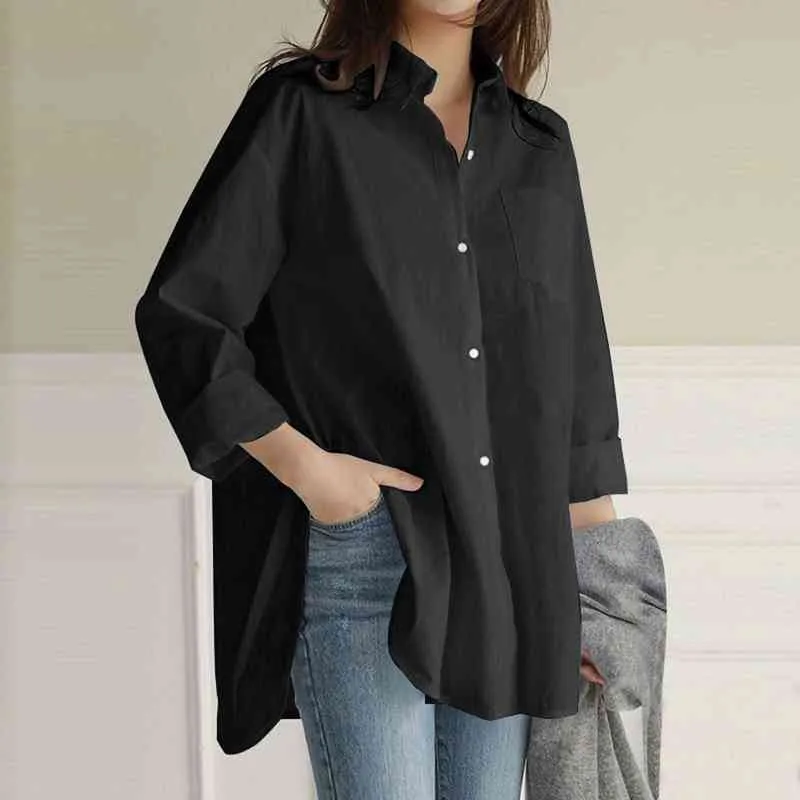 S-3XL blusas mujer Women's Shirts And Blouses Black White Turn Down Collar Blouse Casual Button Long Sleeve Top OL Style Shirt L220705