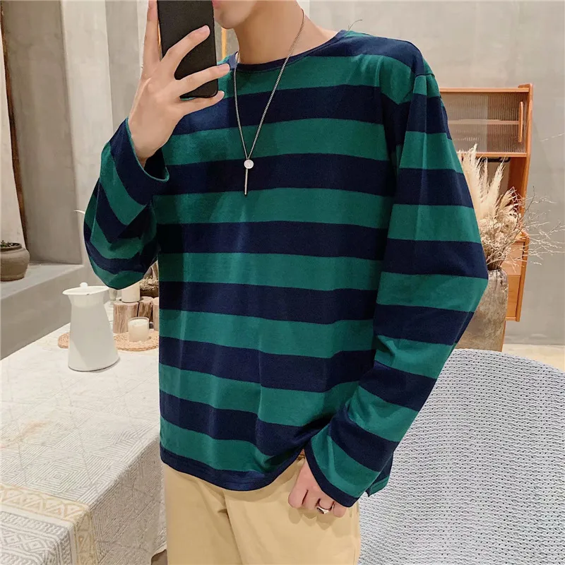 에베이 루이 스트라이프 긴 소매 티셔츠 남자의 한국식 대비 줄무늬 Crewneck Top tees 남성 느슨한 캐주얼 청소년 패션 스웨터