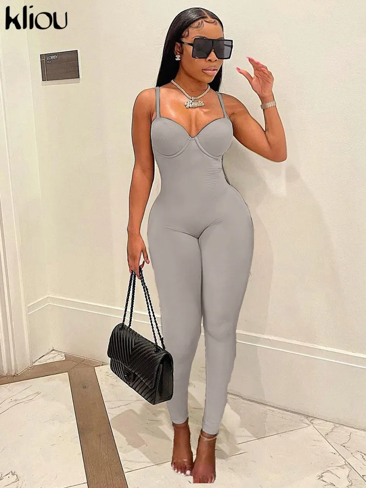 Kliou sexig stropplös jumpsuit kvinnor hipster solid baddie stil camisole mantel smal kroppsformande klubb slitage 220620