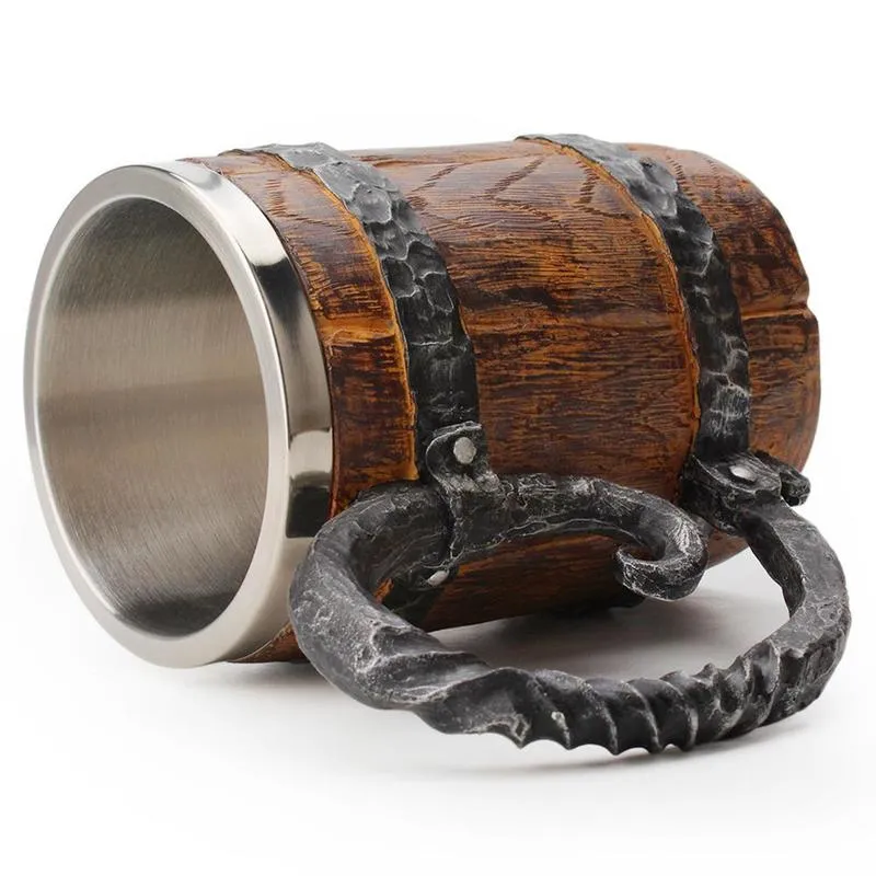 500ml Viking Wood style as Christmas Gift Simulation Wooden Barrel Beer Cup Double Wall Drinking Mug Metal Insulated 220727