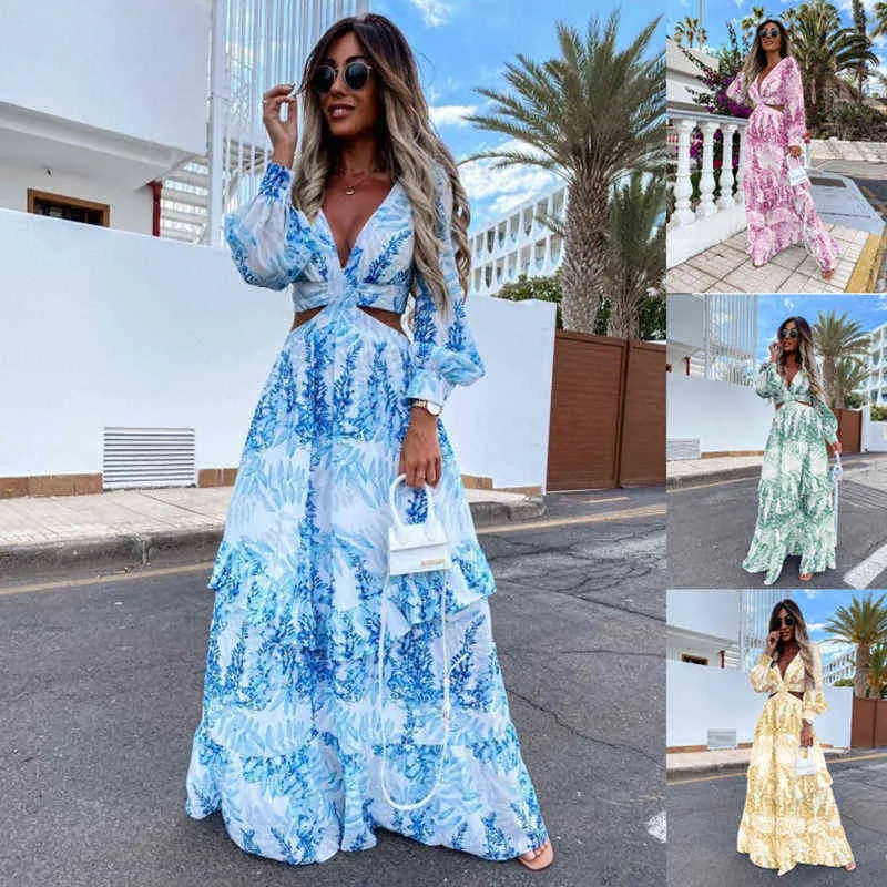 Femmes Robe Longue D'été De Mode Lâche V Cou Découpe Couture Imprimer Maxi Robes Femme Casual Plage Boho Parti Robe D'été Robe G220510