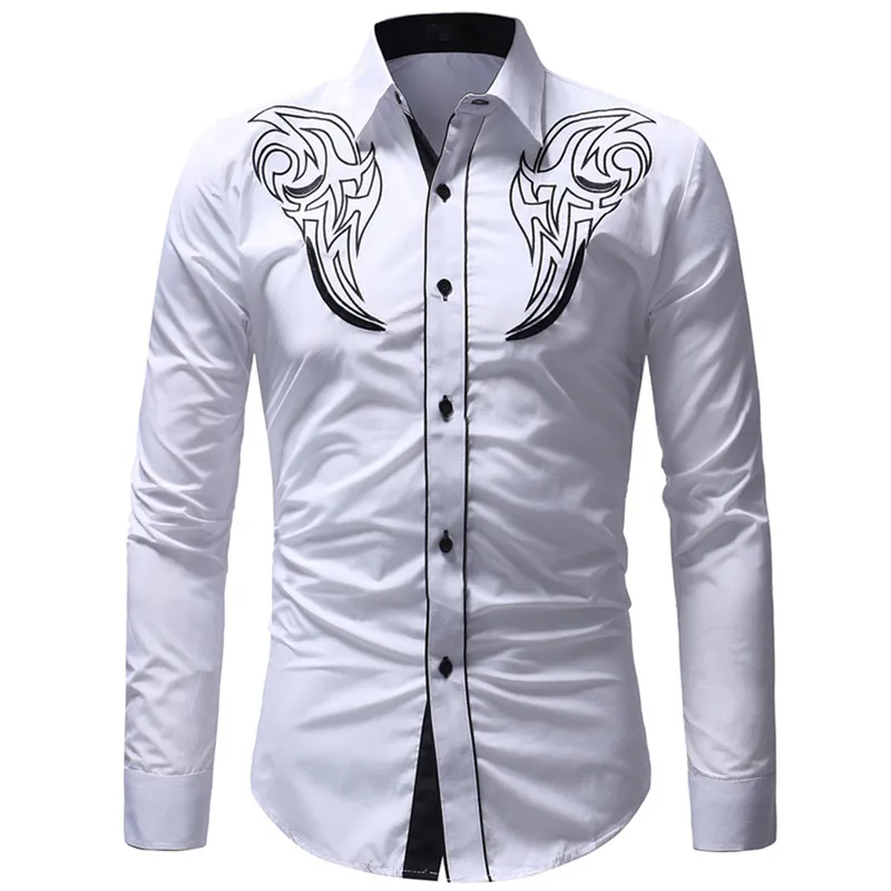 Moda masculina bordada ocidental manga longa camisa casual slim 220715