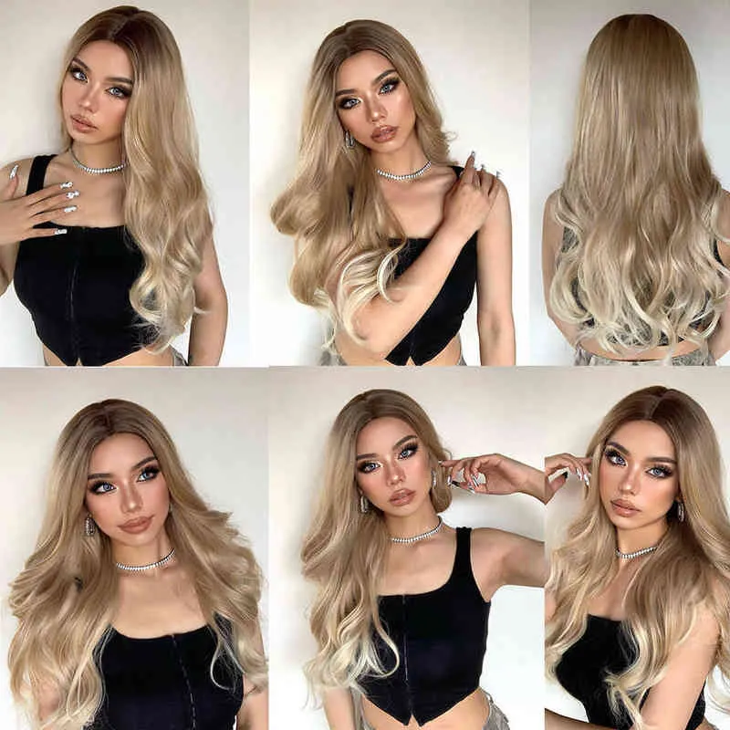 U.Shine Ombre Brown Light Blonde Platinum Long Wavy Środkowa część Peruka Cosplay Naturalna odporna na ciepło syntetyka dla kobiet 220622