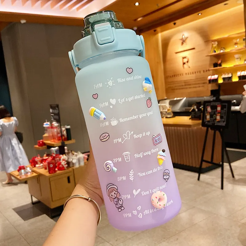 2 litres grande capacité de motivation avec marqueur de temps pichets de remise en forme bouteille d'eau en plastique de couleur dégradée autocollants givrés tasse 22277A