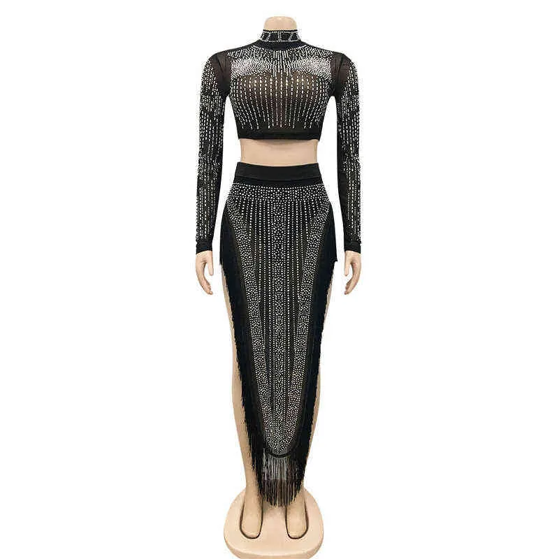 Plazson Fall Sheer Mesh Sparkle Rhinestone Suit met lange mouwen Crop top en franing rok Tweedelige set Crystal Chirstmas Outfits T220729