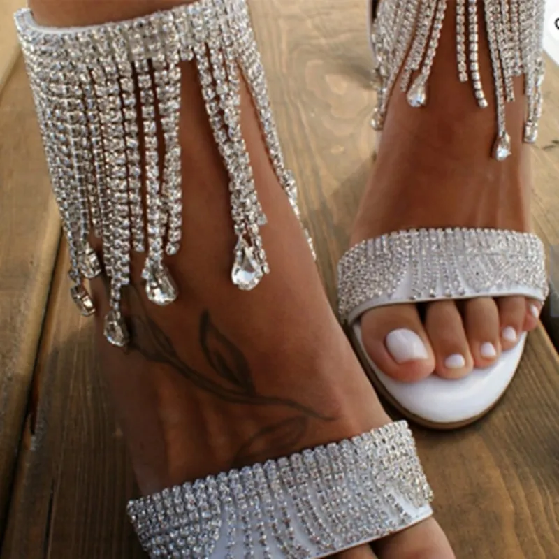 Туфли на каблуке с блестками и кристаллами, свадебные туфли с кисточками для невесты, свадебное платье на высоком каблуке с открытым носком, сандалии, женская обувь CL0454