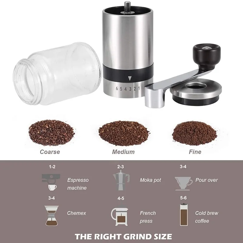 Home Portable Manual Coffee Grinder - Hand Mill with Ceramic Burrs 6 Adjustable Settings Crank Tools 220509
