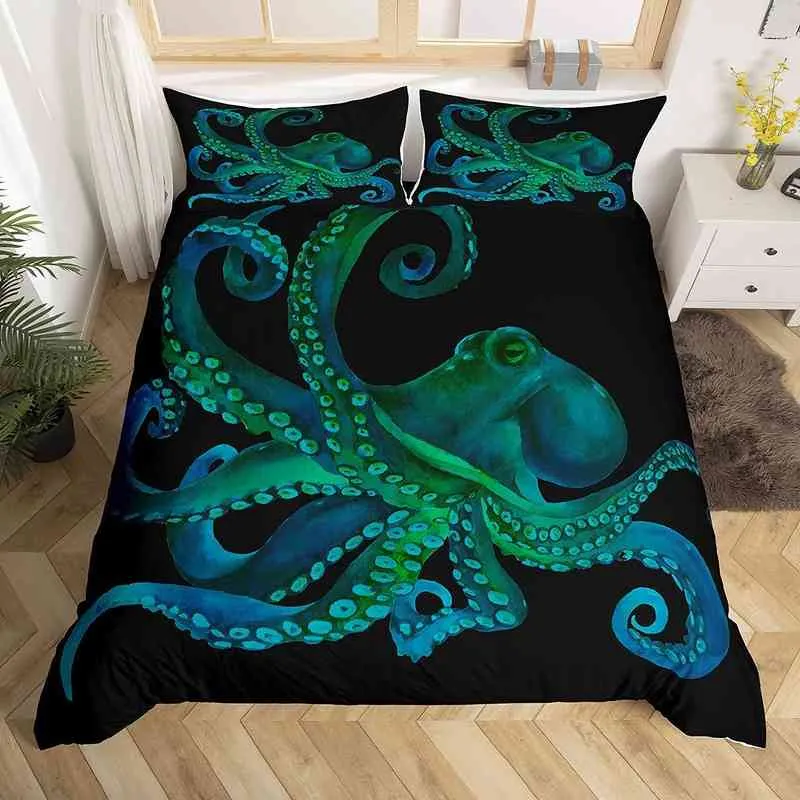 Grünes Oktopus-Bettbezug-Set, Queen-Size-Totenkopf-Bettwäsche, dekorative Horror-Marine-Leben-Polyester-Bettdecke für Jungen und Erwachsene