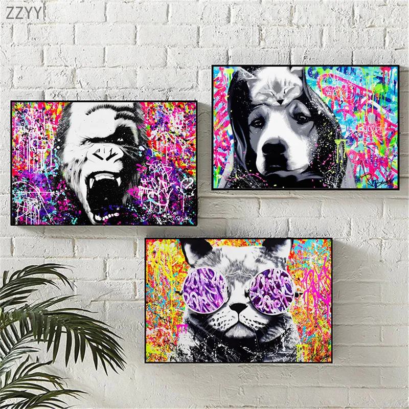 Abstrakte bunte Tiere Kunst Leinwand Malerei brüllender wütender Schimpanse Zebra Elefant Pop Art Poster Wandkunst Bild Home Decor