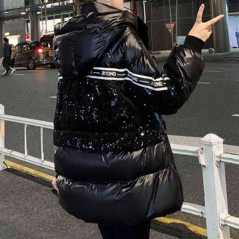 Veste Bling paillettes femmes hiver noir à capuche coton à manches longues en vrac épais chaud dame manteau mode nouveaux pardessus 2022 L220730