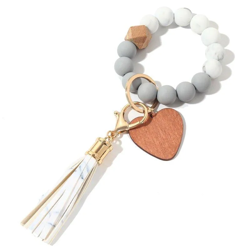 2022 Spot Valentine's Day Love Chip Wood Bead Armband Key Chain Silicone Ring Leather Fringe Programms Act the Roll ofing Saked Bohemian Gift