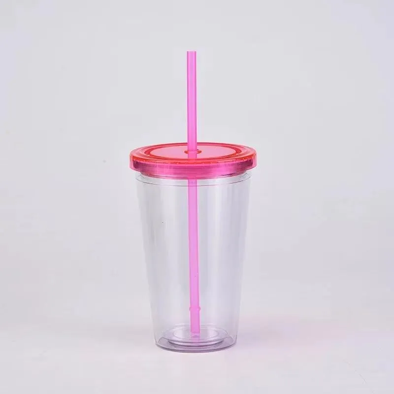 Mugs Acrylic Transparent Double Wall Tumblers Insulated Plastic Cup Cold Beverage Drinking Mug Reusable With StrawsMugs2756
