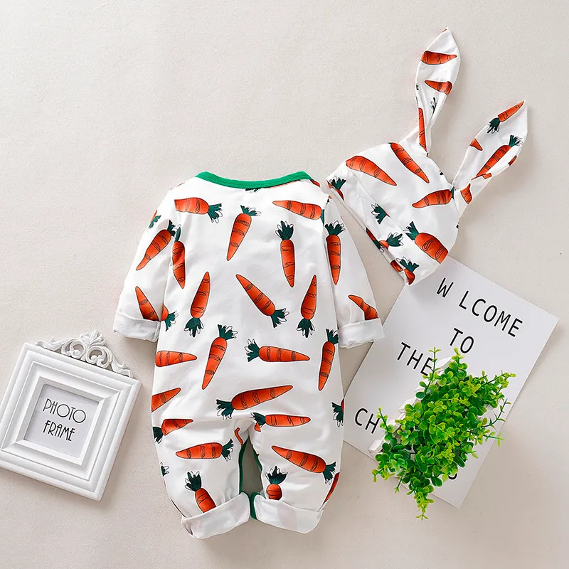 Infant clothes baby Boy Girl Cartoon Carrot Print Romper JumpsuitRrabbit Ears Hat Set outfit baby clothes autumn winter Overall 220525