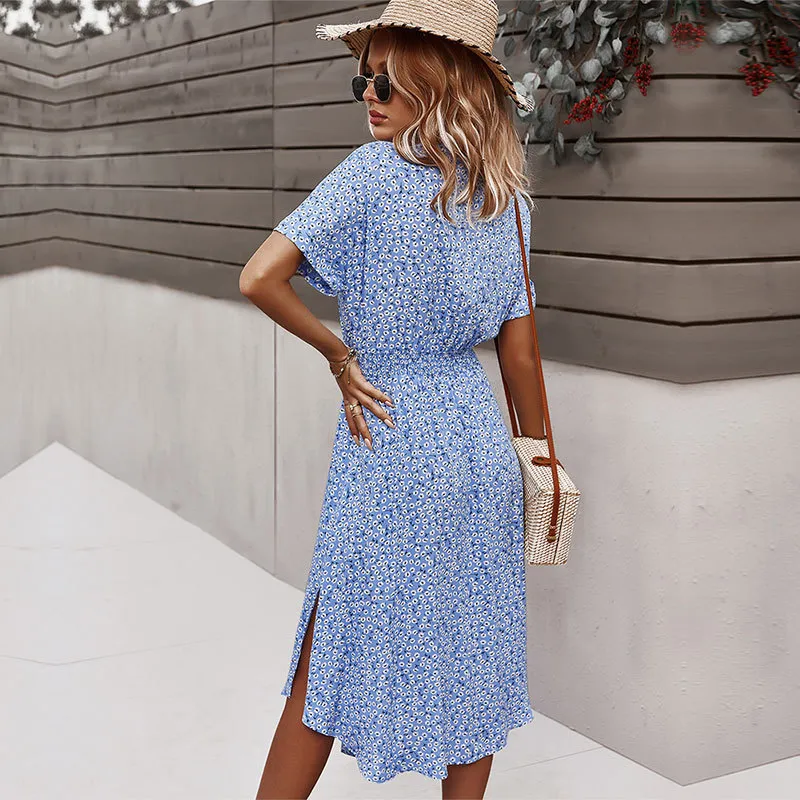 Femmes Robe florale été décontracté à manches courtes bouton vacances robes mi-longues femme col en v plage Boho Chic Robe élégante Robe 220621