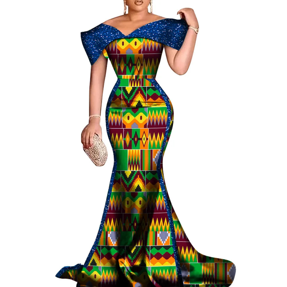 여성을위한 BintareAllwax 새로운 사용자 정의 아프리카 이브닝 드레스 Bazin Dashiki 아프리카 인쇄 면화 숙녀 인어 파티 드레스 WY8681