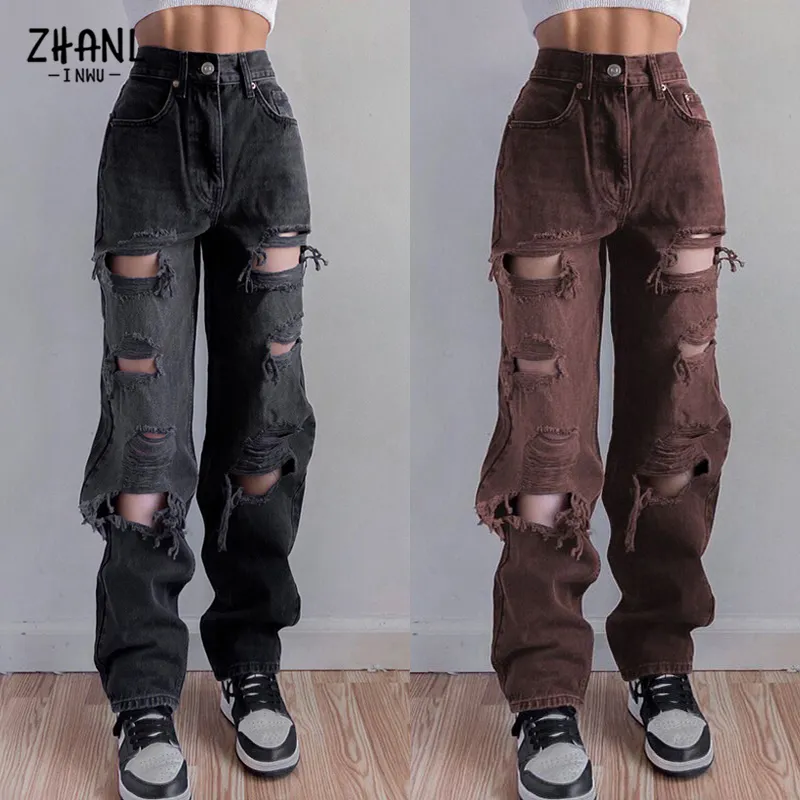Черные разорванные джинсы с высокой талией для женщин винтажная одежда Y2K Fashion Straight Denim Brons Streatwear Hole Hip Hop Bant
