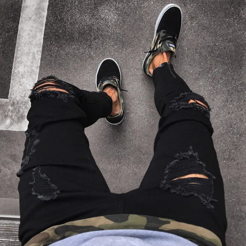 Модные мужские прохладные дизайнерские черные разорванные джинсы скинни разрушенные трюки с тонкой джинсовой брюки на молнии дыры в брюках для мужчин 220719