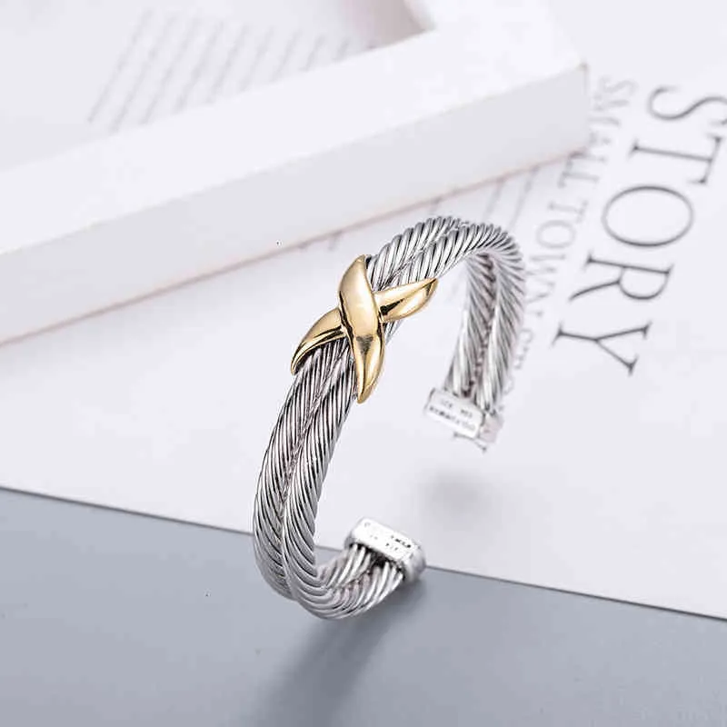Armband Dy Double ed Wire Cross Damesmode Trend Geplatineerd Kleur Hennep x Armband Ring Opening Jewelry243M