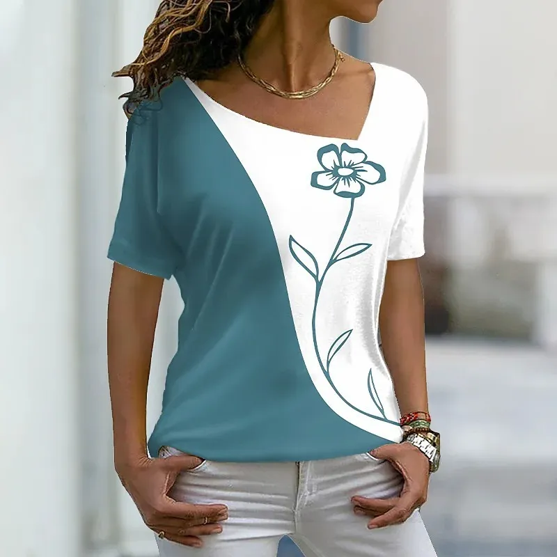 Zomer dames bloemen thema schilderij t shirt bloemen kleurblok print v nek basic tops groen zwart rood 3D print 220527