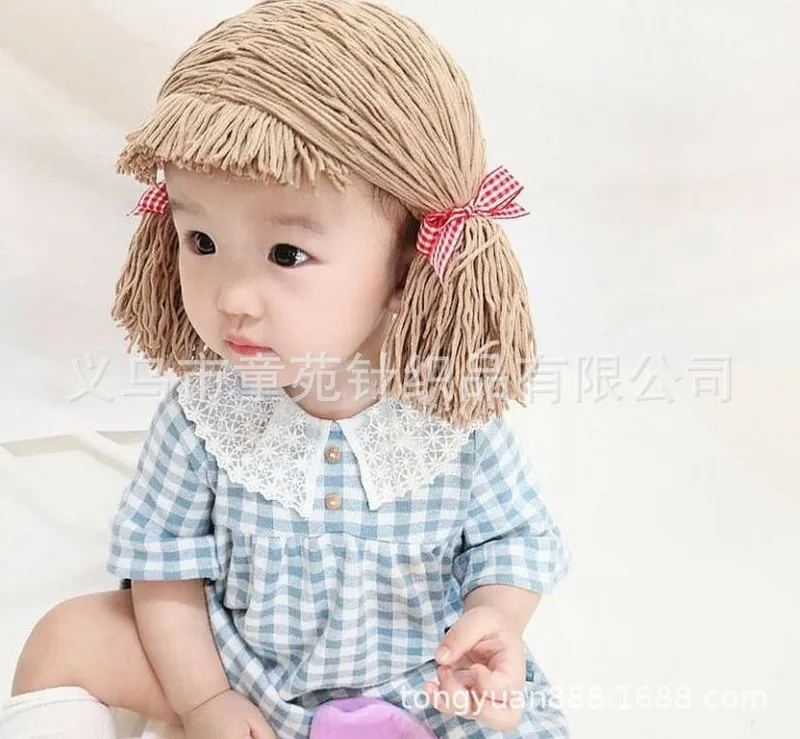 Cute Kids Girl Hat Beanie Hair Pigtail Wig Cap Handmade Woolen Yarn Children Baby Hats and Caps Accessories P ography Props 220630