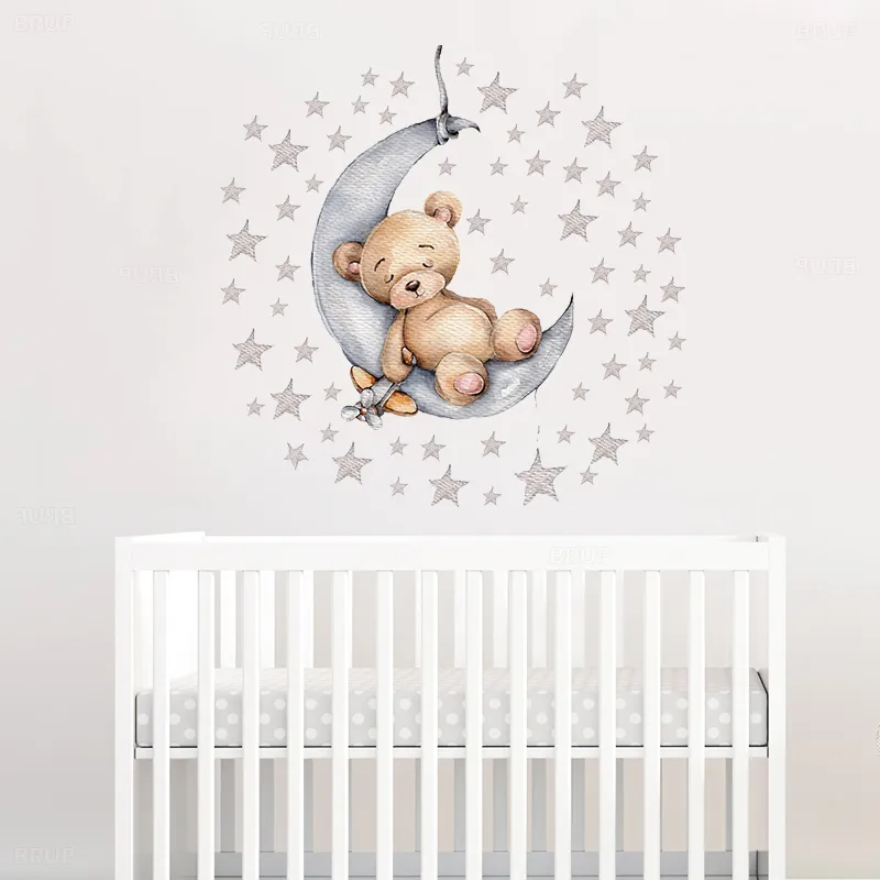 Cartoon Teddy Bear Sleeping on the Moon and Stars Wall Stickers for Kids Room Baby Decoration Decals Interior 220716