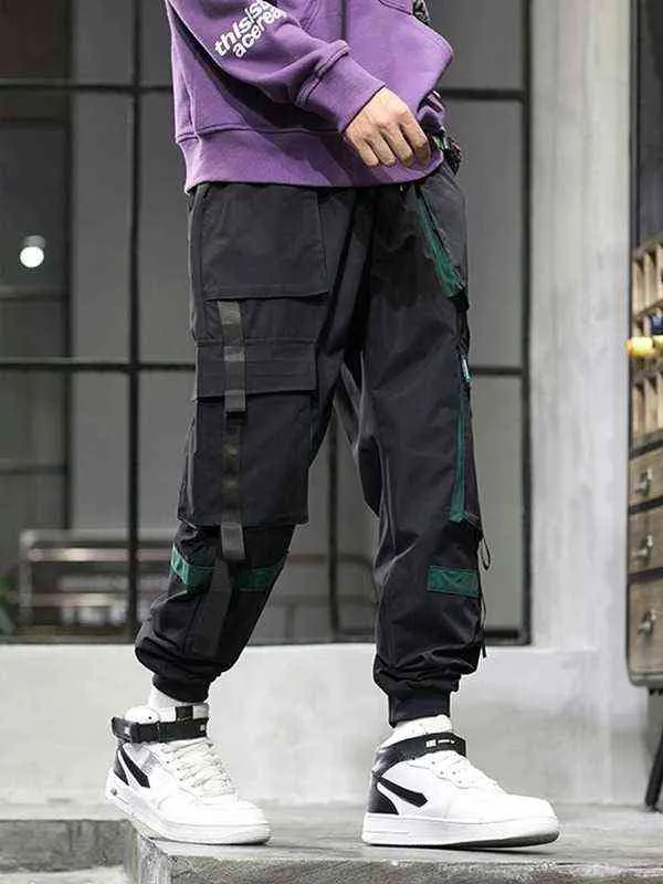 Printemps été multi-poches ruban Cargo pantalon hommes Hip Hop Streetwear noir Joggers mâle respirant pantalon décontracté G220507