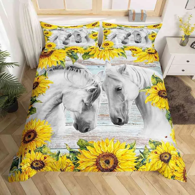 3D Horse Cureet Cover King Queen Size Zestaw pościeli słonecznik